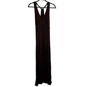 VTG‎ Y2K Boho F21 Brown Stretchy Maxi Dress Chunky Wood Beads Halter Neck Size L